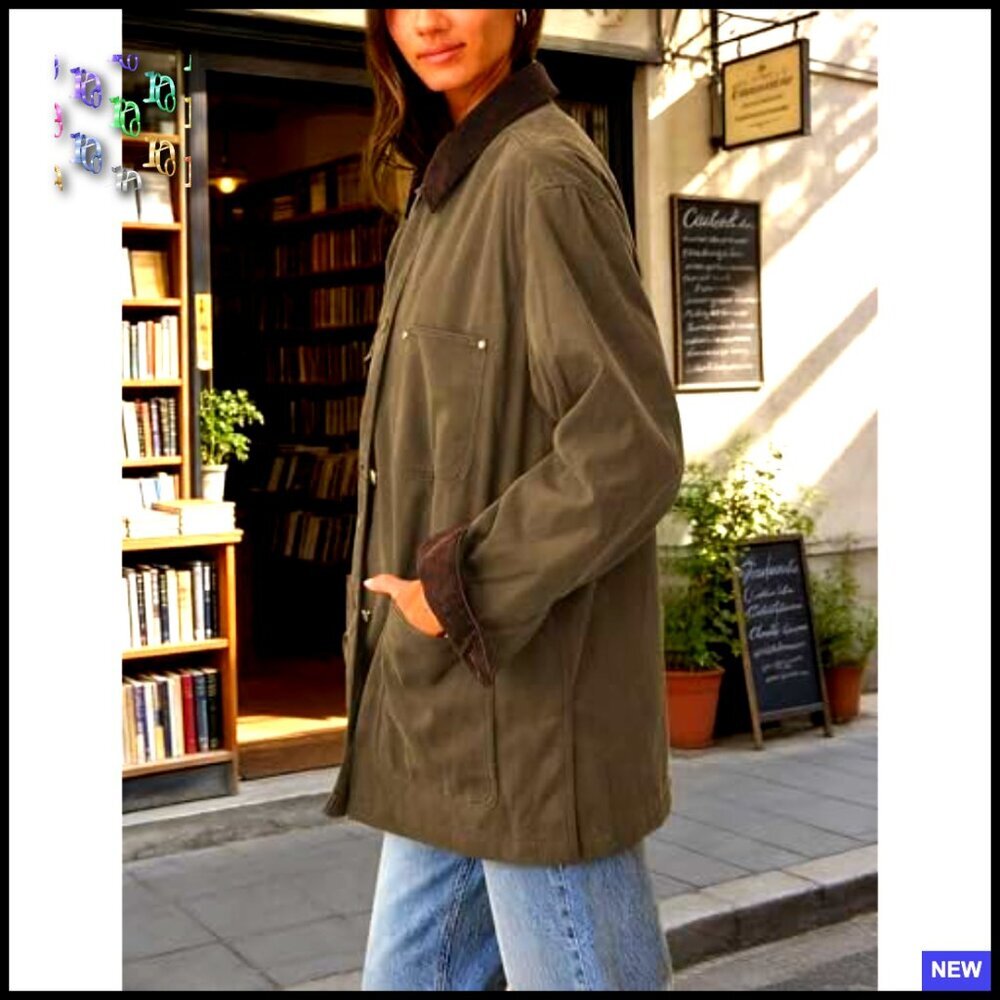 Oversized Corduroy Collar Barn Jacket Vintage Workwear Utility Coat with Pockets - Picture 2 of 7